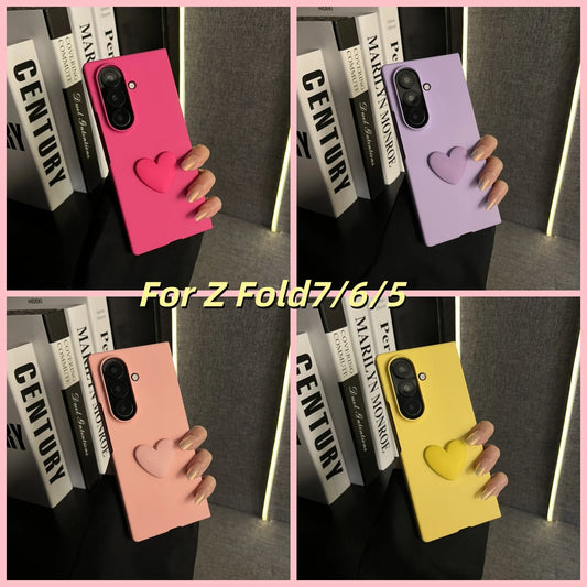 Ins Cute Simple 3D Love Heart Solid Color Phone Case for Samsung Galaxy ZFold7 Z Fold 6 Z Fold6 Z Fold5 Shockproof Back Cover