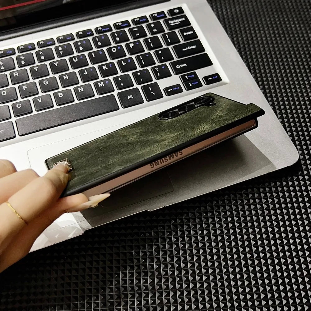 Retro Leather Hard Shell Shockproof Phone Case for Samsung Galaxy Z Fold 6 5 4 3 Fold6 Fold5 Fold4 Fold3 Hinge Protective Cover