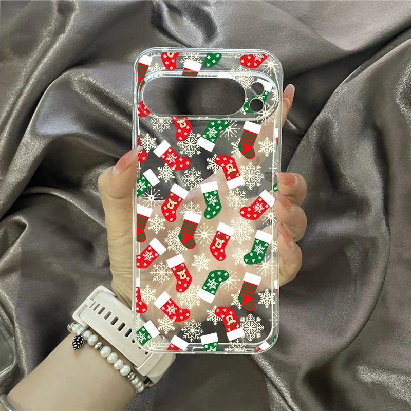 Cartoon Merry Christmas Elk Santa Phone Case For Google Pixel 8 Pro 9 Pro XL 8A 10 7 6A Snowflake Print Clear Soft Cover Fundas