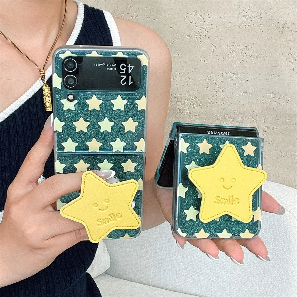 Star Folding Bracket Cartoon Glitter Case For Samsung Galaxy Z Flip7 Flip 6 5 4 3 ZFold 7 6 5 Shockproof Epoxy Bumper Soft Shell