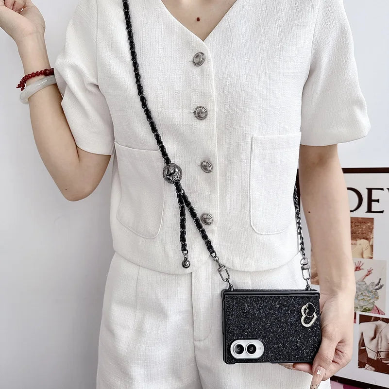 Rhinestone Love Adjustable Long Crossbody Lanyard Case For Samsung Fold 8 Ultra Fold8 Galaxy Z Fold 7 6 5 4 Protective Cover