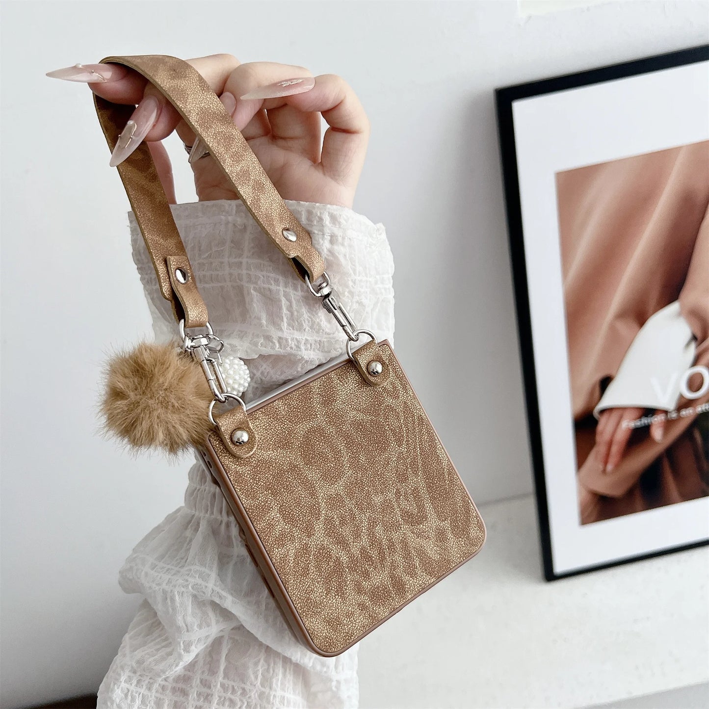 Luxury Classics Leopard Print Phone Case with Hairball Strap for Samsung Galaxy Z Flip 7 Z Flip7 ZFlip 7 Zflip7 Back Cover