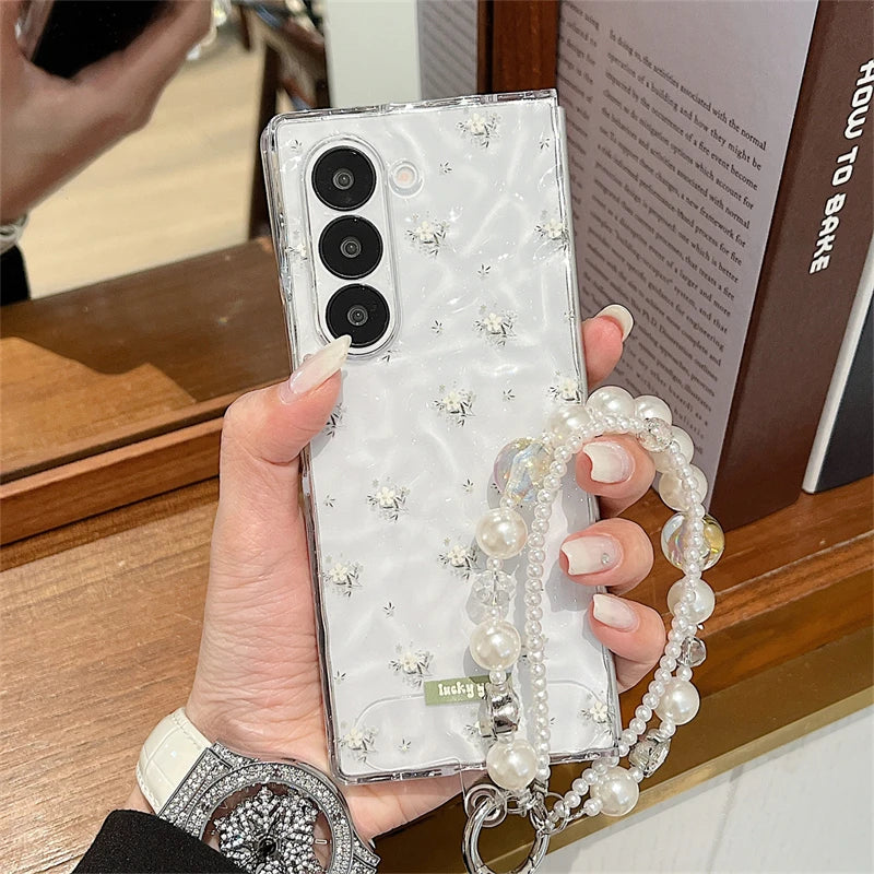 Clear Water Ripples Bowknot Flower Cute Phone Case For Samsung Z Fold 7 6 Fold6 Cases with Chain Cover For ZFold6 ZFod7 Funda