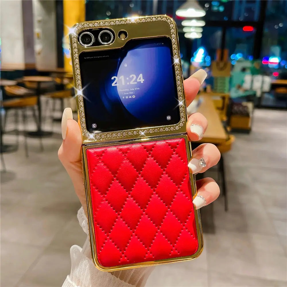 Luxury Bling Diamond Leather Plating Case For Samsung Galaxy Z Flip 6 Flip 5 Flip 3 4 Shockproof Cover Funda