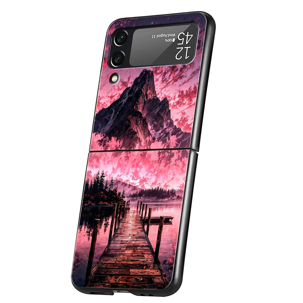 Hard PC Phone Case For Samsung Galaxy Z Flip 7 6 5 4 Black Cover For Galaxy Z Flip 3 Foldable Shockproof Pink Sunset Mountain