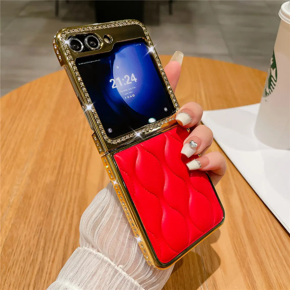 Luxury Bling Diamond Leather Plating Case For Samsung Galaxy Z Flip 6 Flip 5 Flip 3 4 Shockproof Cover Funda