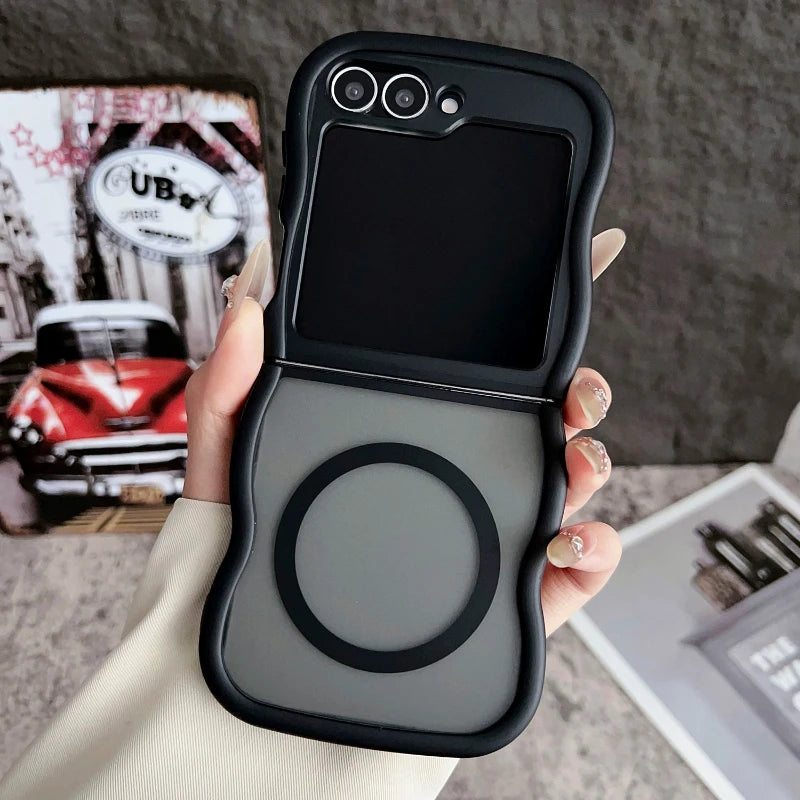 Stylish Big Wave Magnetic Matte Case For Samsung Galaxy Z Flip 3 4 5 6 7 5G ZFlip7 Flip6 5G Translucent Frosted Back Cover Funda