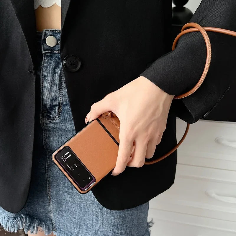 Luxury Simple Business Crossbody Lanyard Card Holder Phone Case For Motorola Razr 50 40 Moto Razr40 Razr50 2024 Leather Cover