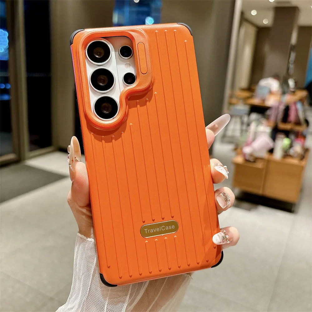 Lens Mount Luggage Armor Phone Case for Samsung S26 S25 S24 S23 Ultra Solid Color Striped Shockproof Bumper Protection Cover