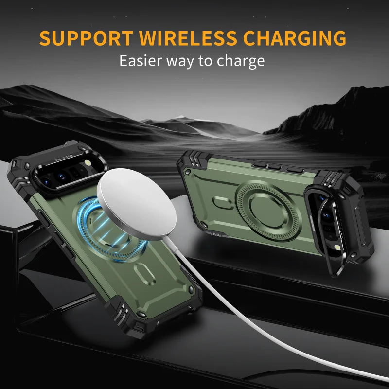 Armor Shockproof Matte Camera Stand Protection Phone Case for Google Pixel 9 Pro XL Military Magnetic Wireless Charge Hard Cover