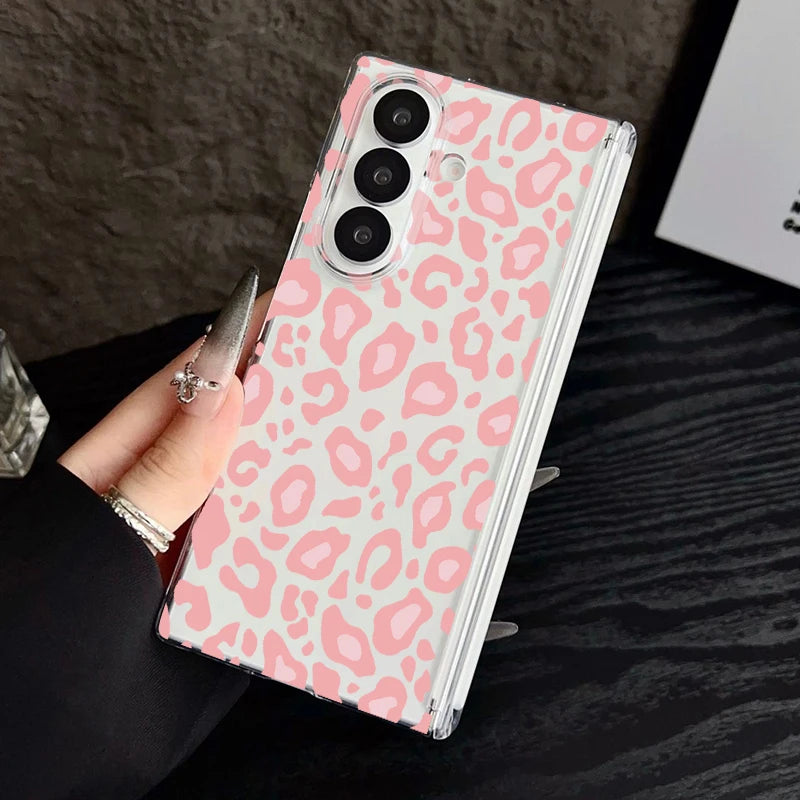 Magnetic Adsorption Phone Case For Samsung Galaxy Z Fold 7 6 5 Fold7 Fold6 Fold5 5G Leopard Print Pattern Clear Shockproof Cover