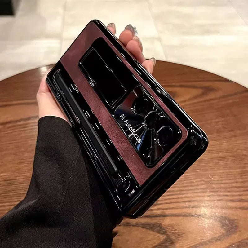 Leather Bracket Pen Slot With Stylus Case For Samsung Galaxy Z Fold 7 6 Fold 5 Fold4 W25 5G Glass Screen Hinge Protection Cover