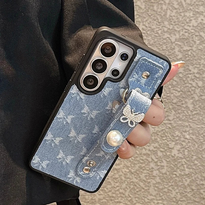 Fashion Denim Cloth Case For Samsung S26 Ultra Wristband Cover For Galaxy S25 Ultra S24 S23 Ultra Luxury Butterfly Phone Case
