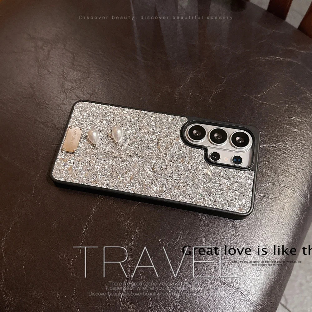 Diamond Bowknot Pearl Pendant Glitter Phone Case for Samsung Galaxy S26+ S23 S24 S25 S26 Ultra Plus TPU Bumper Shockproof Cover