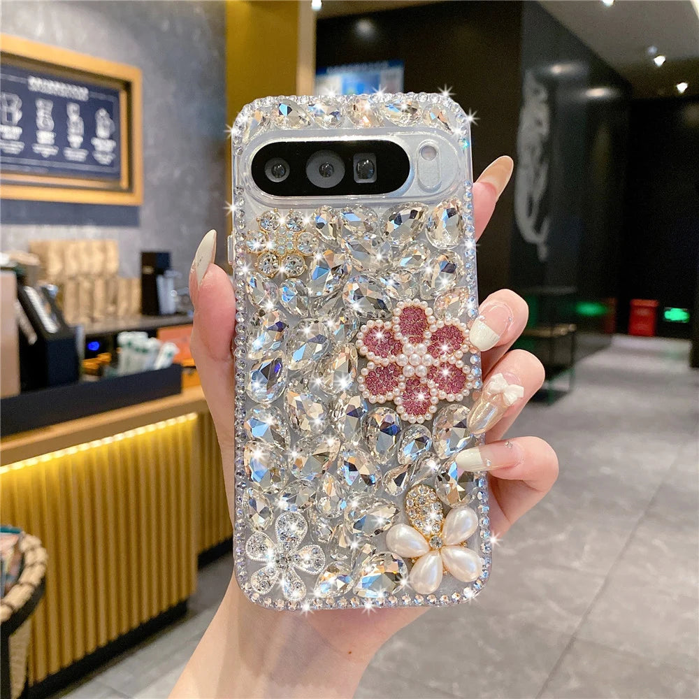Handmad Diamond Pearl Flower Case For Google Pixel Fold 9 Pro XL 7A 8A 8 9Pro 6A Shine Rhinestone Cover Camera Protection Shell