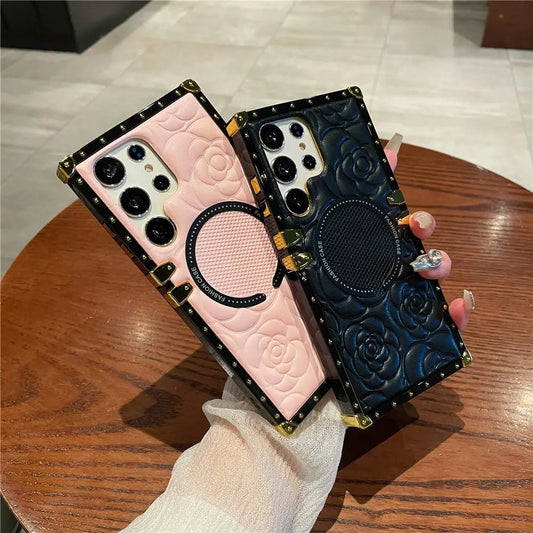 For Magsafe Wireless Charging 3D Flower Leather Case For Samsung Galaxy S26 S25 S24 Ultra S23 Plus S23FE S22 TPU Cover Shell