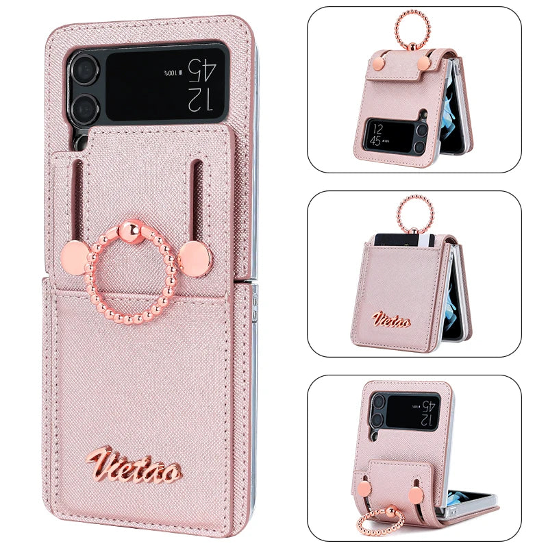 VIETAO Z Flip 3 Phone Case With Finger Ring Holder, PU Leather Cell Phone Cover For Galaxy Z Flip 3 With Card Slot, Rose Gold