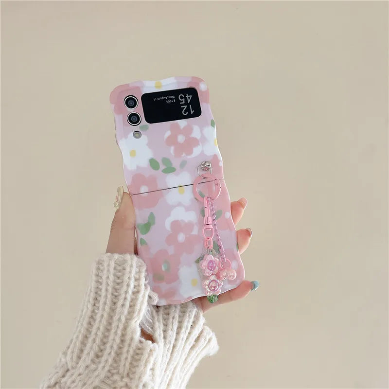 Cute Flower Pendant Phone Case For Samsung Galaxy Z Flip 3 4 5 5G Wave Shockproof Back Cover For Samsung Z Flip3 Flip4 ZFlip5