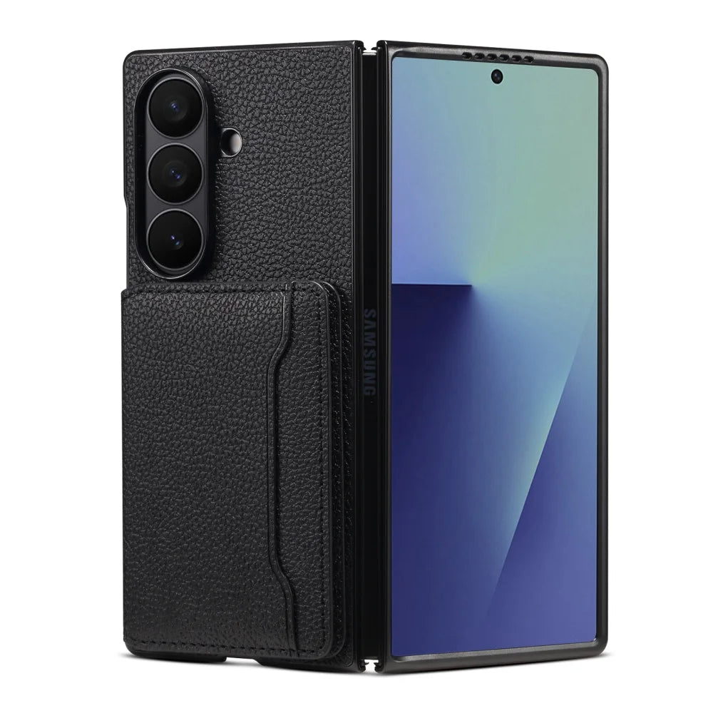 Luxury Litchi Leather Solt Card Holder Folding Wallet Case For Samsung Galaxy Z Fold 7 6 Fold5 Shockproof Soft Silicone Cover