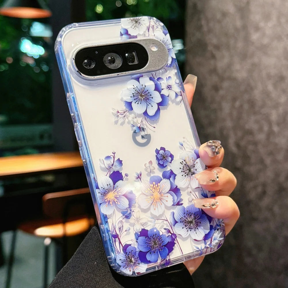 Laser Flower Reflective Phone Case For Google Pixel 10 10Pro XL 9 Pro XL 9A Transparent Floral Print TPU Shockproof Airbag Cover
