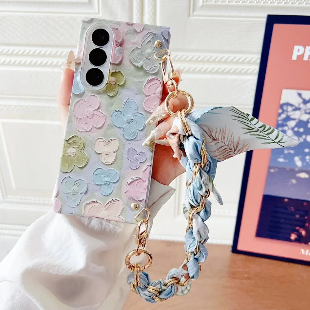 Classic Stylish Silk Wrist Strap Floating Flower Hard Phone Case for Samsung Galaxy Z Fold 7 5G 2025 Dopamine Protective Cover