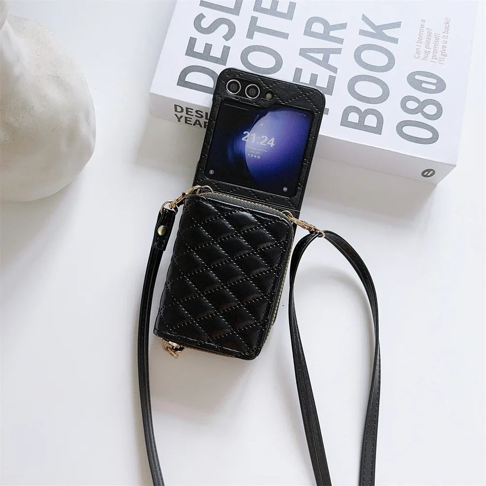 Zipper Crossbody Wallet with Card Holder Phone Case for Samsung Galaxy Z Flip 6 5 4 Flip6 Flip5 Flip4 Flip3 Leather Shell  Cover
