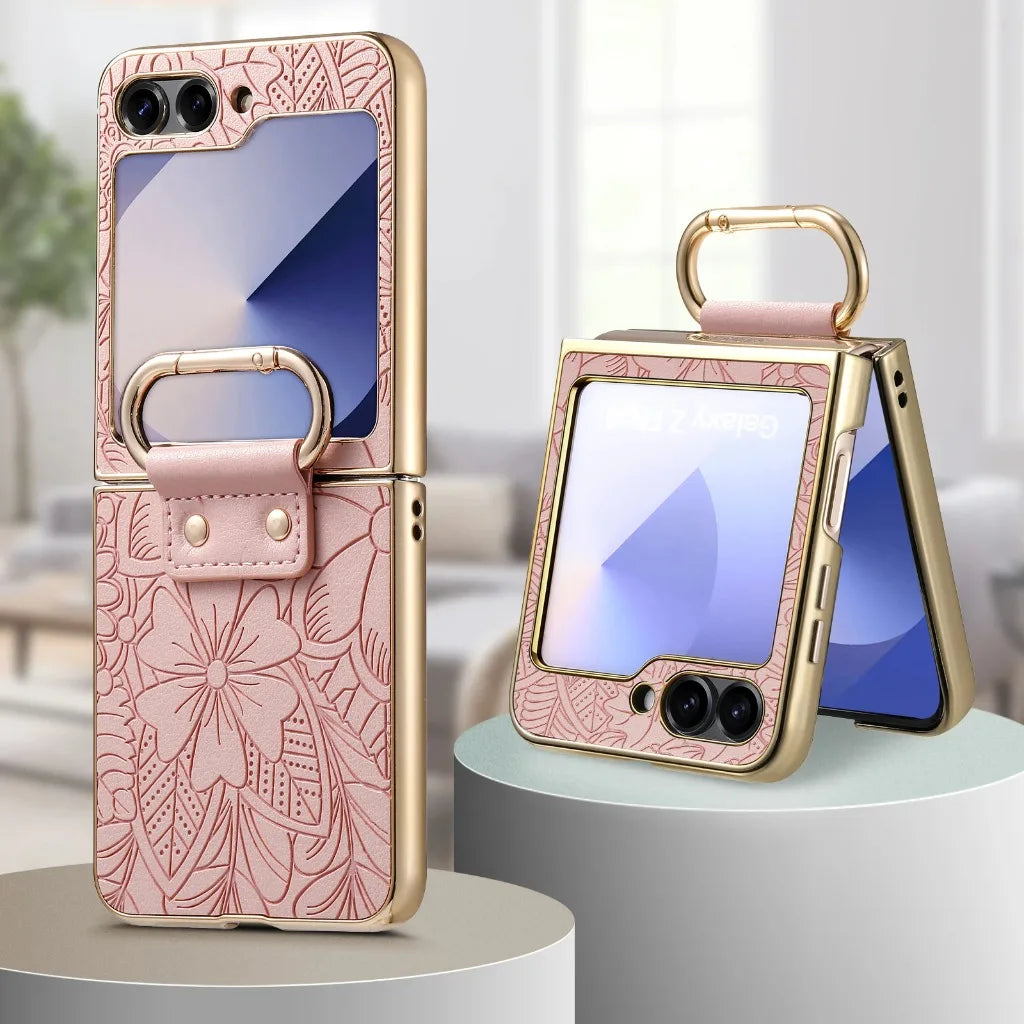 For Samsung Galaxy Z Flip 7 FE 6 5 4  Leather Embossed Flower Phone Case with Ring Buckle Electroplated Shockproof Cover