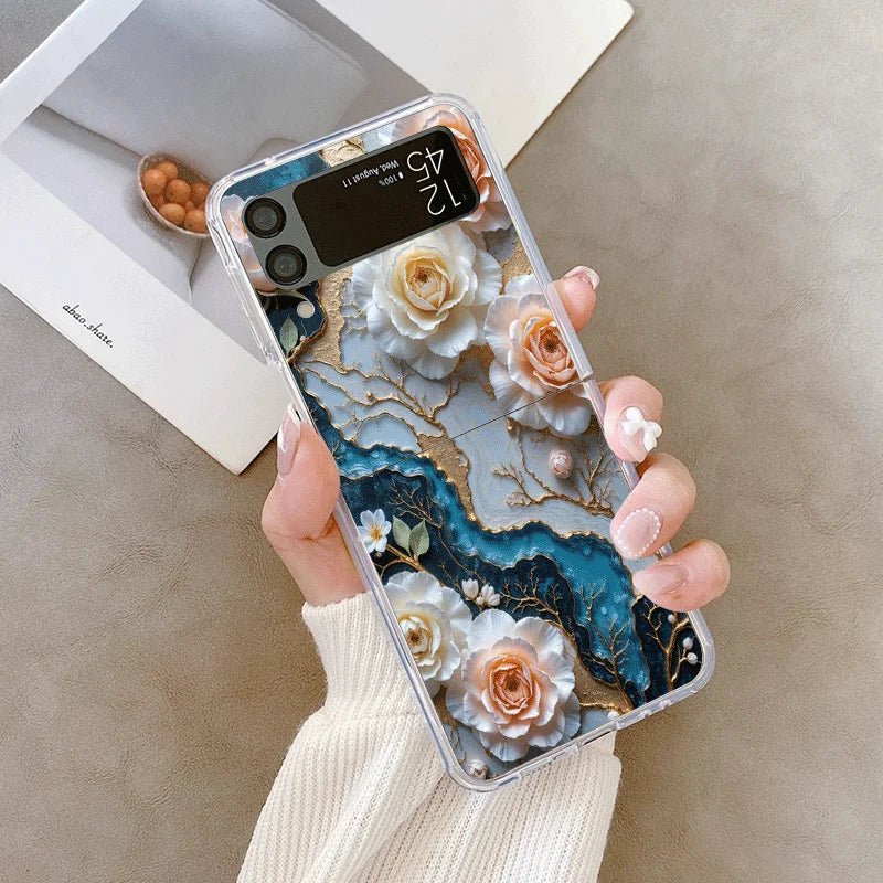 White Camellia Flower Marble Texture Phone Case for Samsung Galaxy Z Flip 7 Flip6 5 4 3 5G Folding Cover for Z Flip7 Flip5 Shell