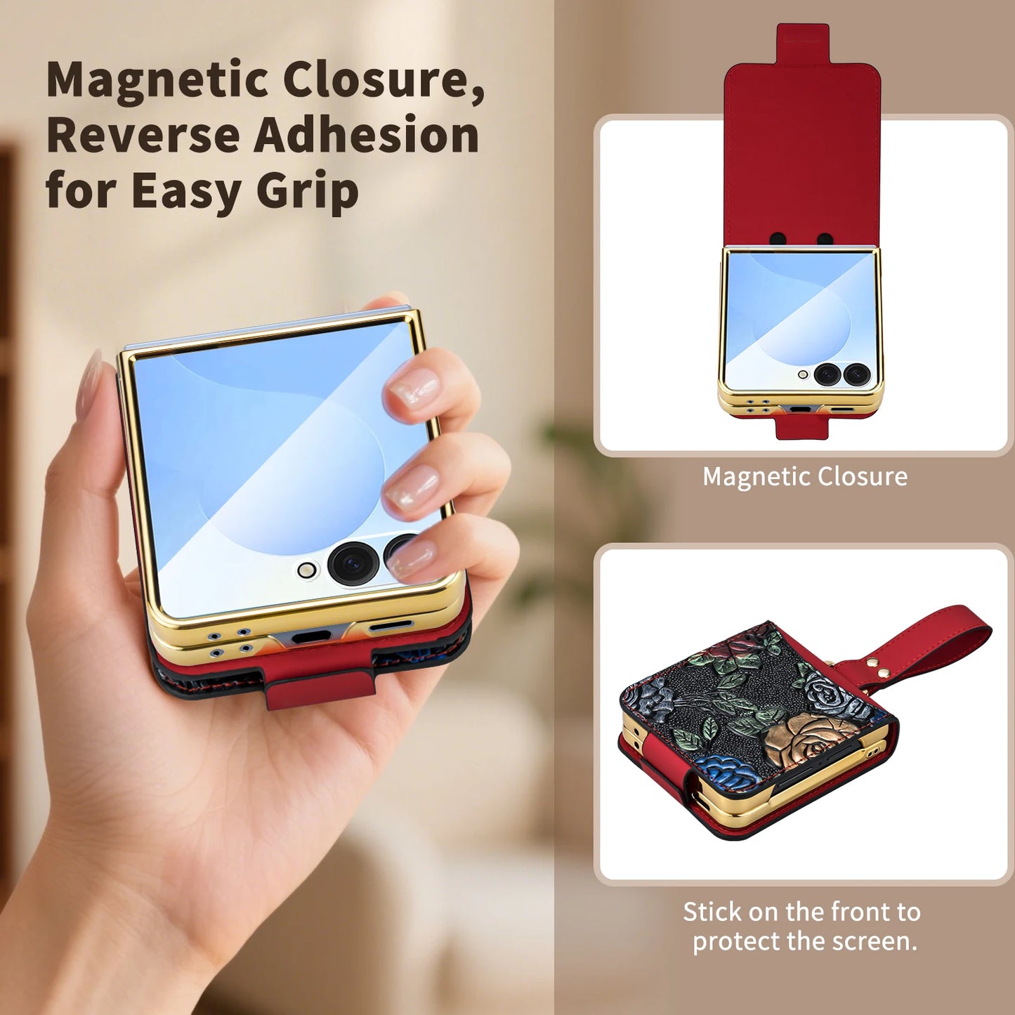 3D Relief Painting Design PU Leather Phone Case for Galaxy Z Flip 7/6/5/4/3 with Card Slots And Wrist Strap&Screen Protector