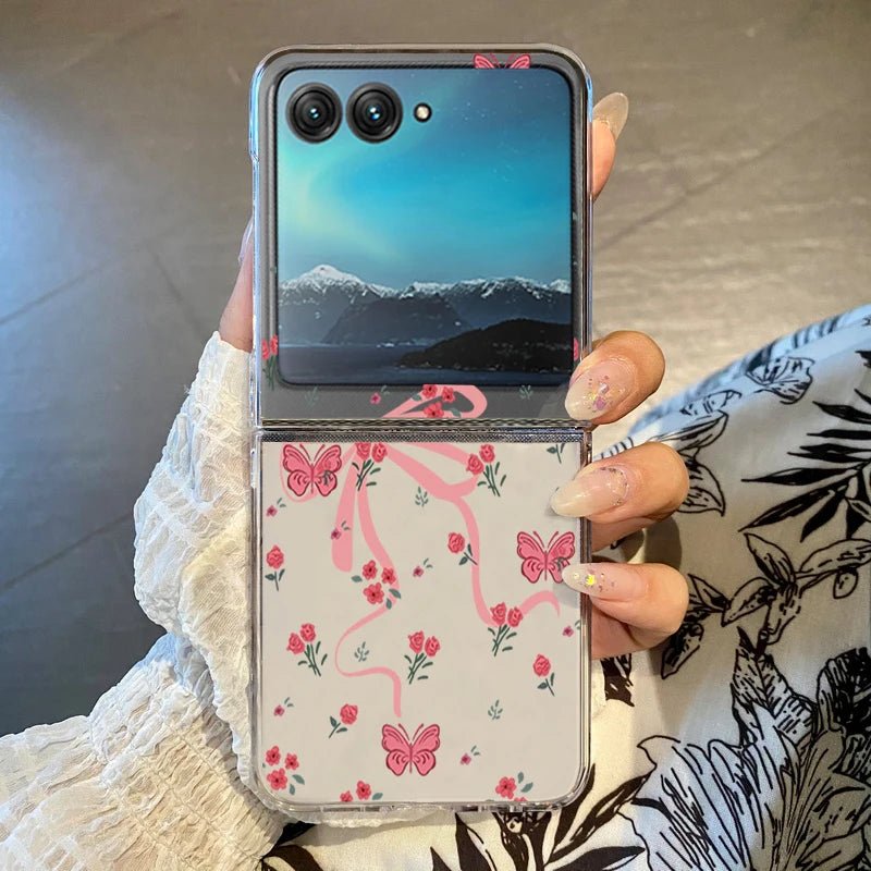 Rose Flower Bowknot Printed Phone Case For Motorola Razr 60 Ultra Razr 50 40 Ultra 50 40 Clear Shockproof Hard PC Folding Cover