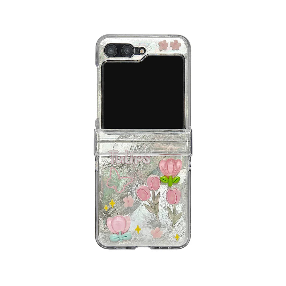 Korean Cute Bowkont Flower Ornament Hinge Phone Case For Samsung Galaxy Z Flip 7 6 5 Flip6 Flip5 Flip7 Cases Cover with Chain