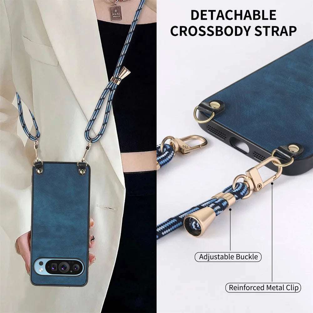 Luxury Case For Google Pixel 11 Pro XL 5G Crossbody Strap Armor Leather Back Etui Pixel 11 Pro Shockproof Funda