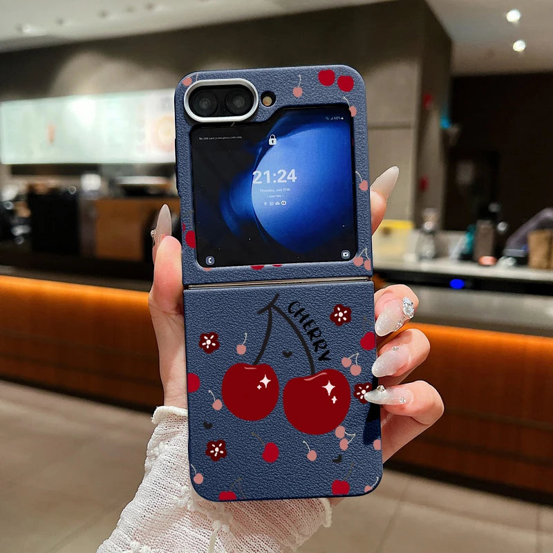 For Samsung Galaxy Z Flip 3 4 5 6 5G Leather Texture Phone Case Cherry Pattern Soft TPU Folding Cover For Samsung Z Flip5 Flip4