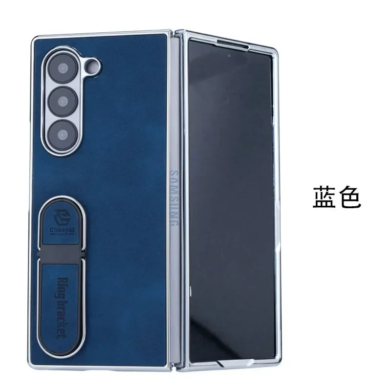 Leather Bracket Phone Case For Samsung Galaxy Z Fold 7 6 5 4 3 Electroplated Z Fold7 Fold6 Fold5 Fold4 Fold3 Protective Cover