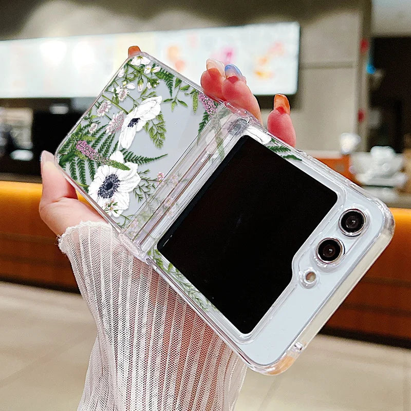 Flower Pattern Folding Case For Samsung Galaxy Z Flip7 FE Flip7 Flip6 Clear Shockproof Cover For Samsung Galaxy Z Flip 7 6 5 4 3