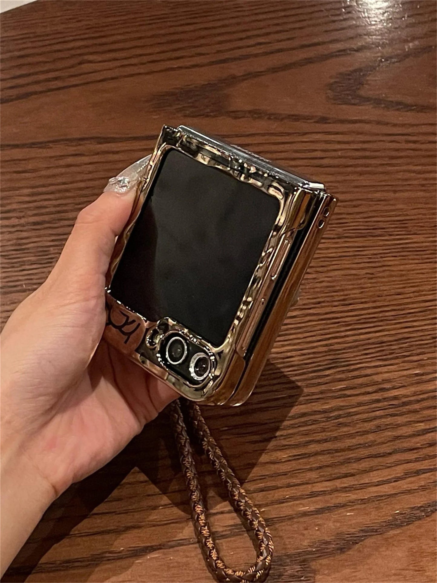 Luxury Plating Rose Wrinkle Transparent Phone Case with Weave Rope for Samsung Galaxy  Flip7 Z Flip6 ZFlip 5 Zflip6 Zflip7 Cover