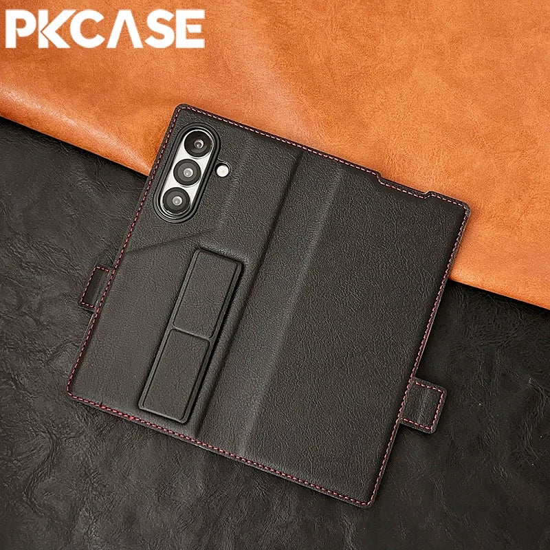 PKCASE Leather Magnetic Clasp Card Slot Wallet Phone Case For Samsung Galaxy Z Fold 7 6 5 4 3 Shockpoof Wristband Bracket Cover