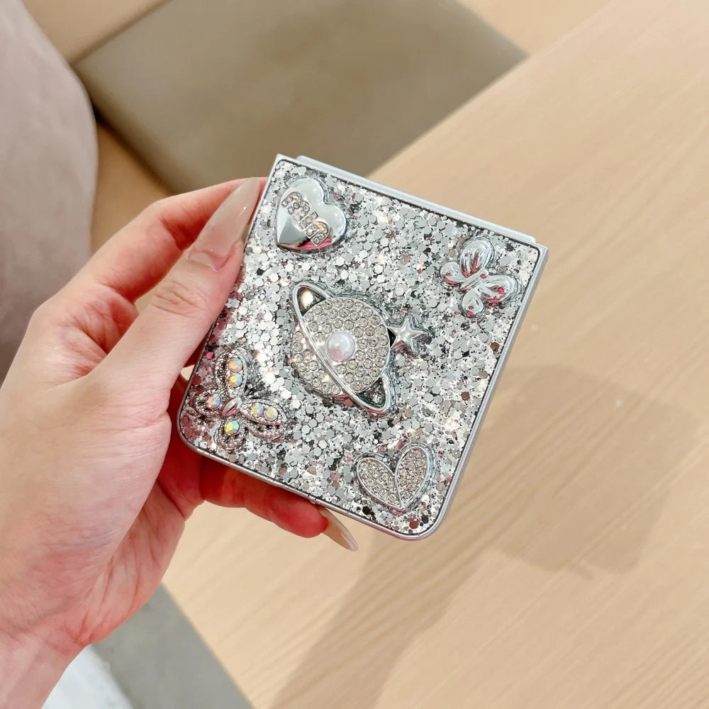 Z Flip8 Glitter 3D Diamond Butterfly Satellite Heart Pattern Case for Samsung Galaxy Z Flip7 FE 6 5 8 for Gift Shockproof Cover