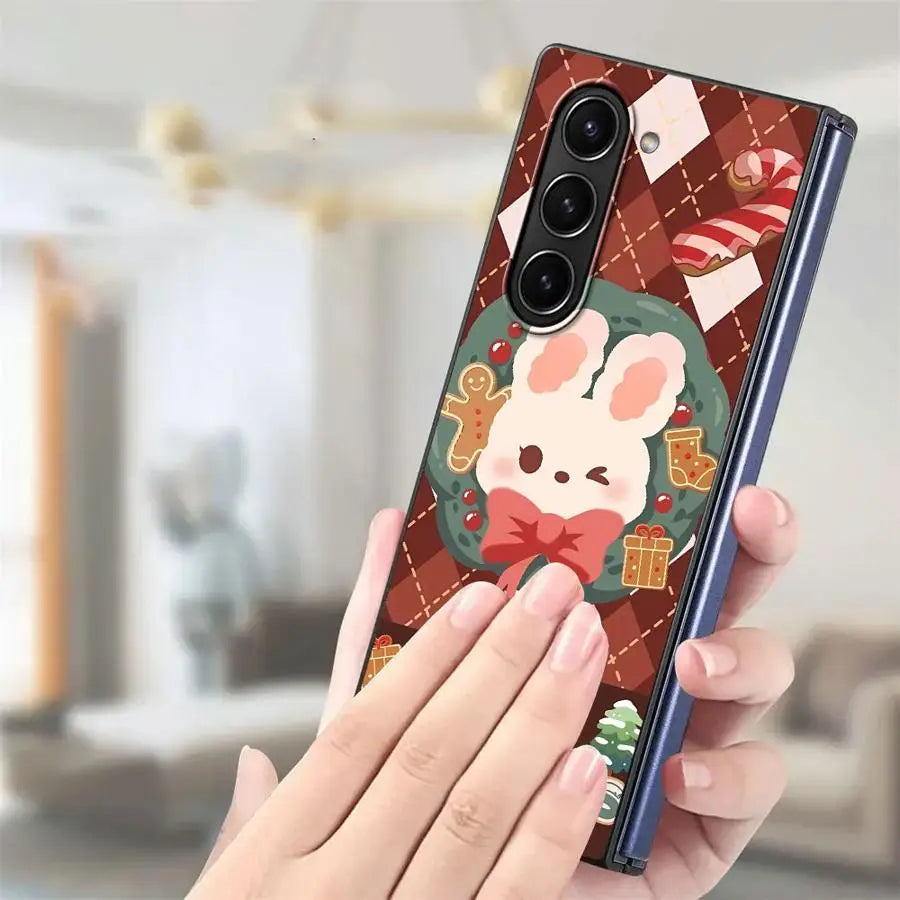 Back Phone Cover Case for Samsung Galaxy ZFold3 ZFold6 ZFold5 Z Fold 7 6 5 4 3 ZFold7 ZFold4 Christmas Cartoon Rabbit