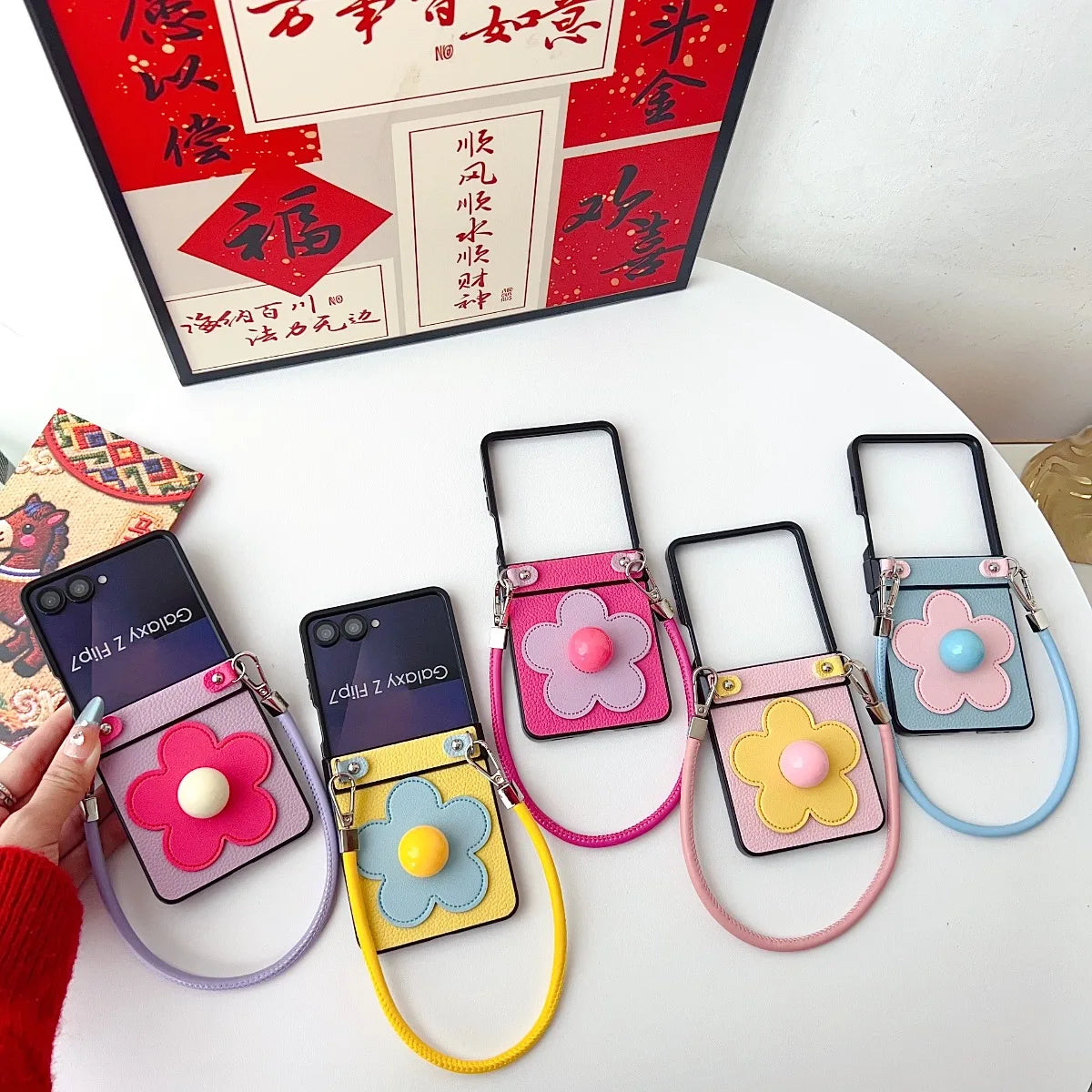 Leather Wristband Z Flip7 3D Flowers Phone Case for Samsung Galaxy Z Flip 7 6 5 4 3 5G Flip7FE Hinge Protective Shockproof Cover