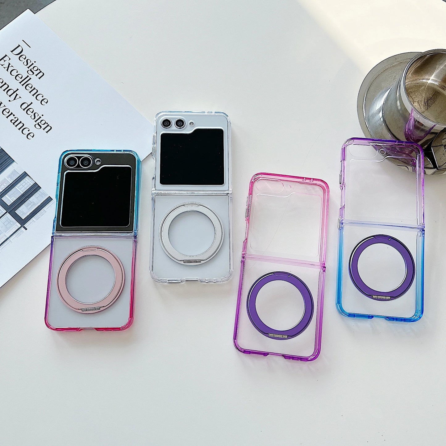 Luxury 360° Rotating Bracket Gradient Case For Samsung Galaxy Z Flip7 FE Flip 7 6 5 4 3 Clear Airbag Shockproof Magnetic Cover
