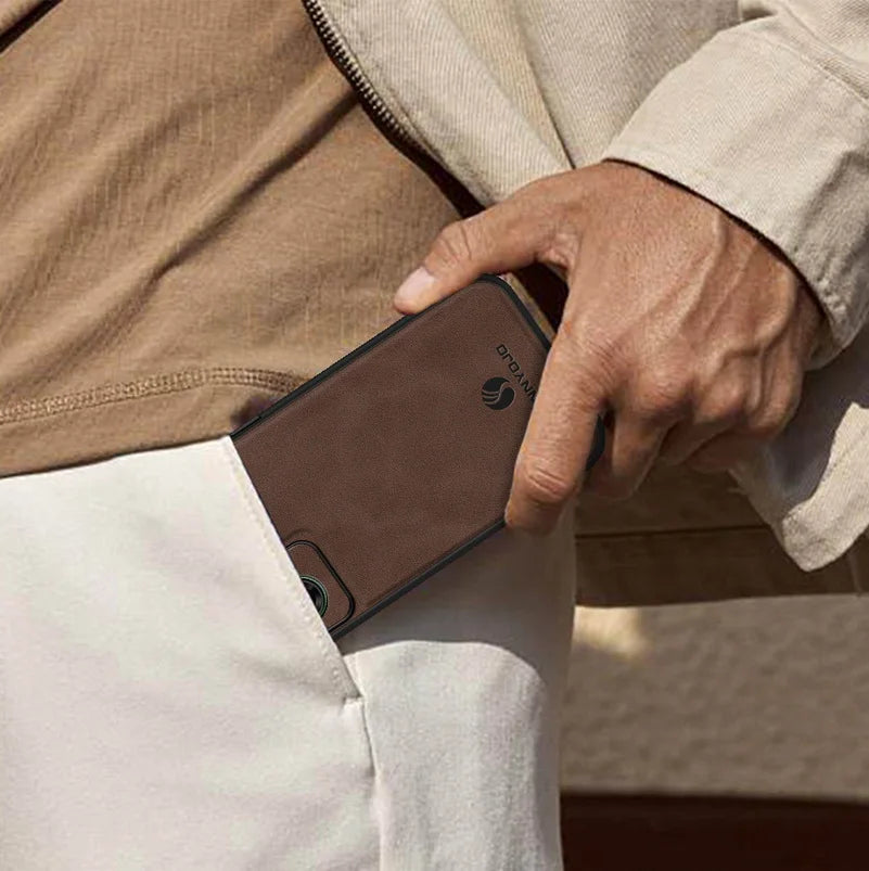 Matte Plain Leather Case For Moto G35 Motorola Moto G35 Built-in Metal Car Mount Holder Cover