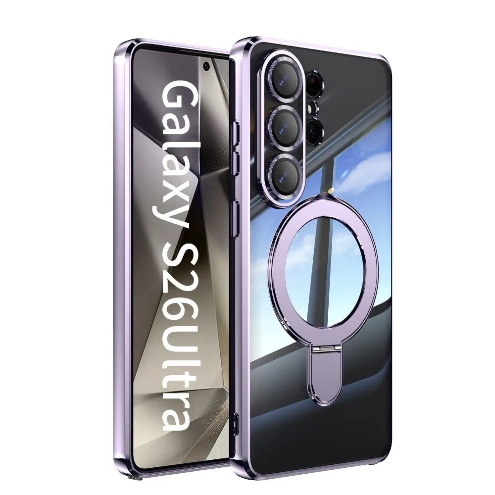 Transparent for Magsafe Stand Plating Case for Samsung Galaxy S26 Ultra Magnetic Bracket Lens Film Cover for Samsung S26 Plus