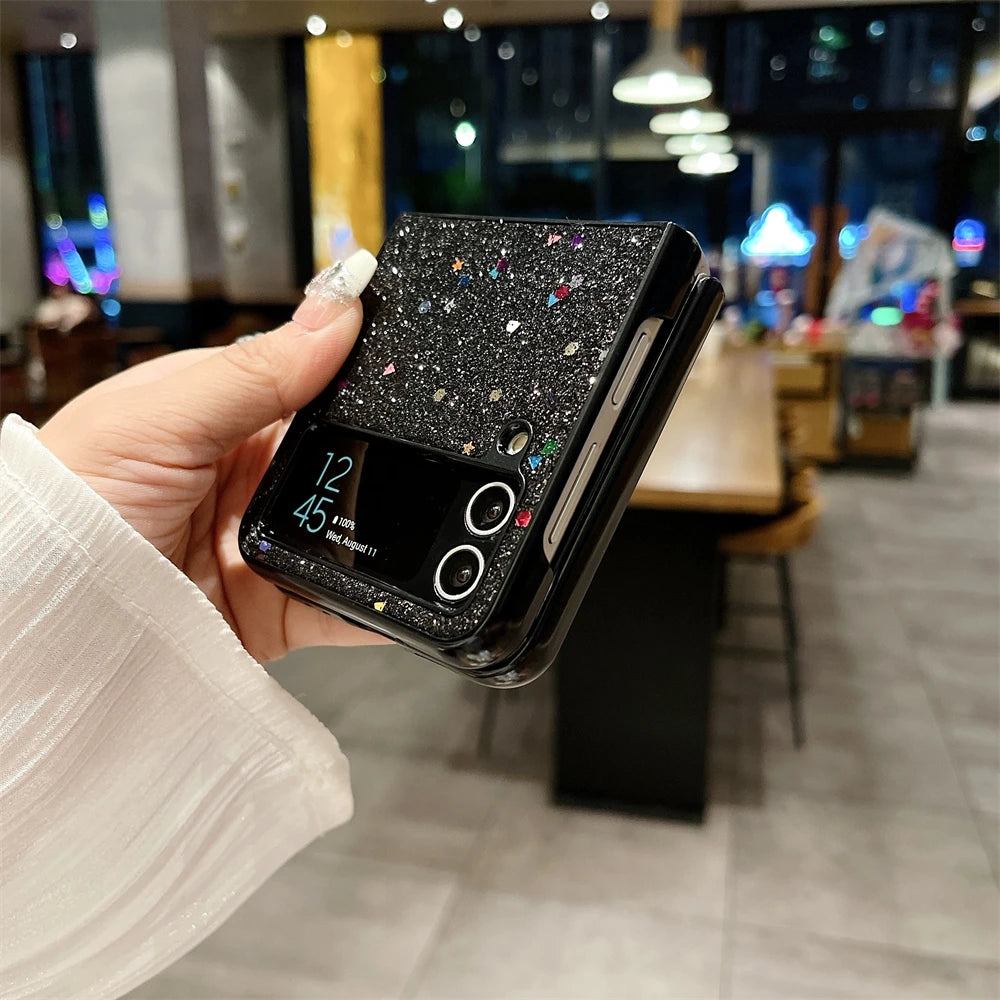 Luxury Glitter Solid Color Phone Case For Samsung Galaxy Z Flip 3 Z Flip 4 Z Flip 5 Lens Protection Shiny Shockproof Back Cover