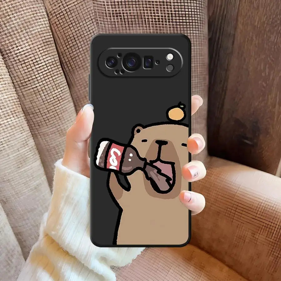 Phone Case for Google Pixel 7a 6 7 8 Pro 9a 10 9 Pro XL 8a 6a Black Soft Shell Cute Capybara Cartoon