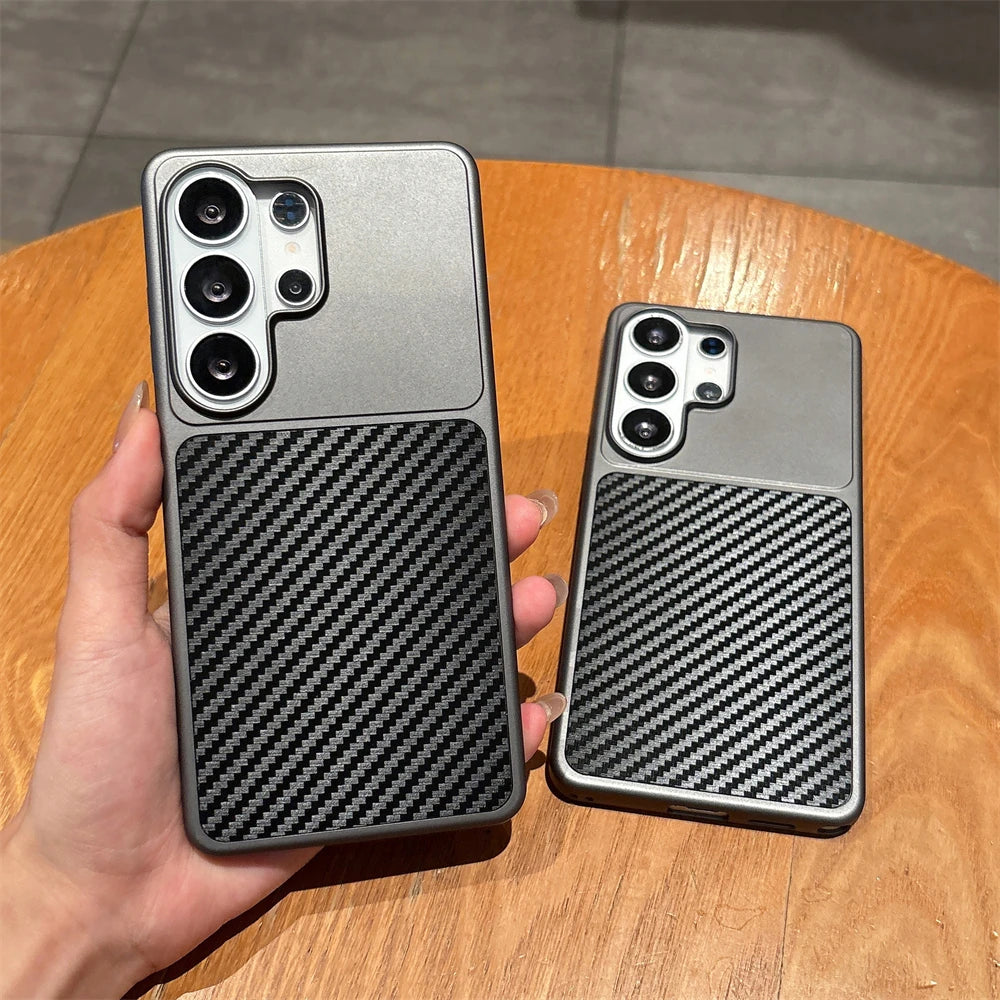 Carbon Fiber Wave Twill Pattern Phone Case for Samsung S26 S23 Ultra S25 Plus S24 FE Kevlar Metal Large Window Matte Black Cover