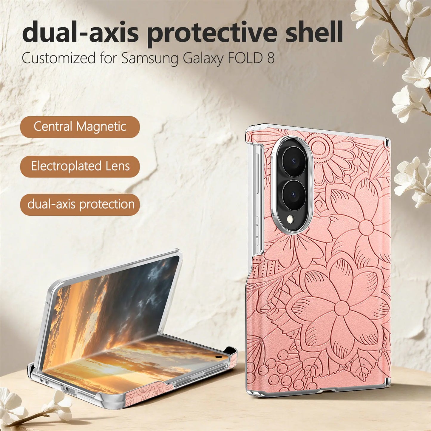 ‌Fashionable Magnetic Embossed Leather Case for Samsung Z Fold 8 Wide Shockproof for Magsafe Central Axis Protection‌ Slim Cover