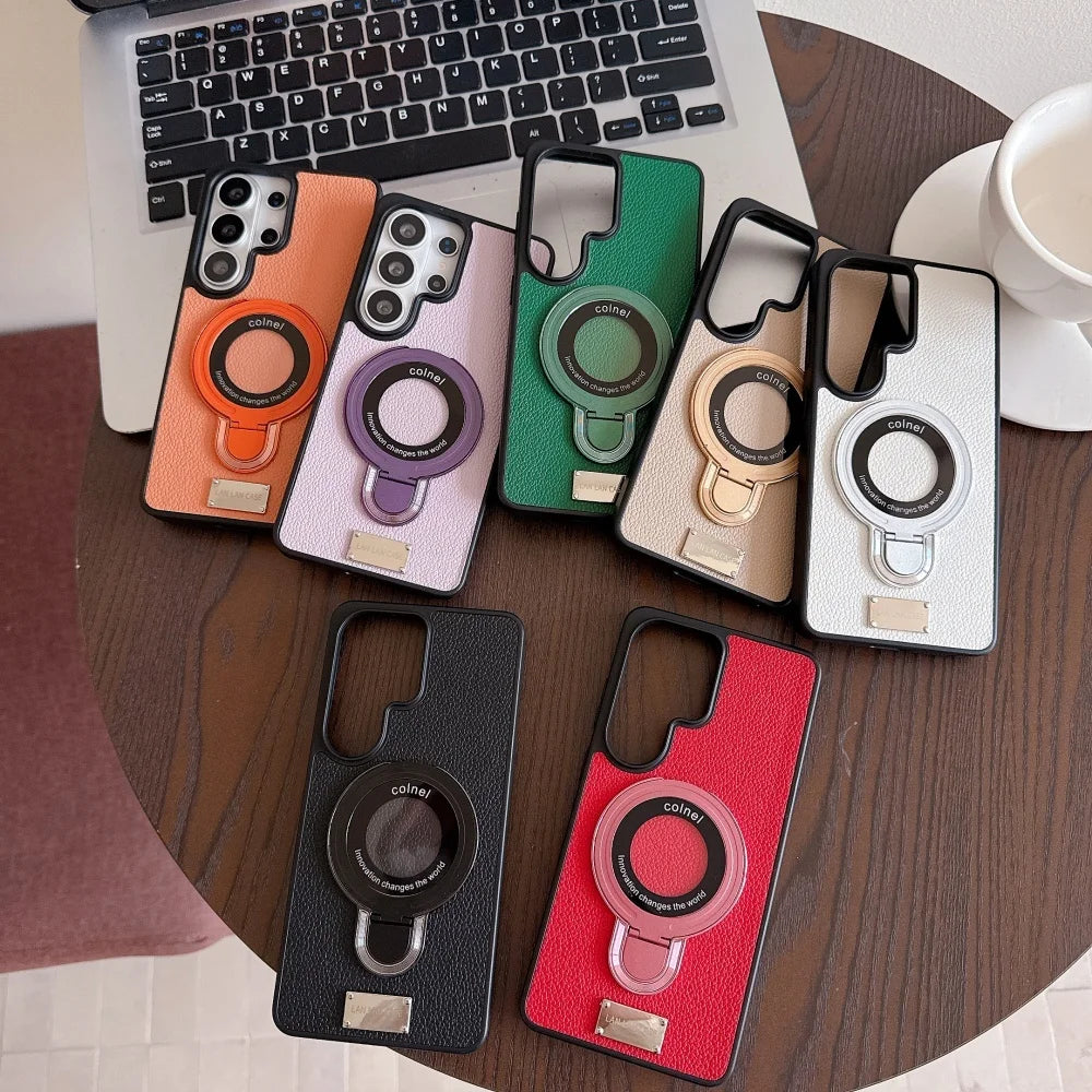 Luxury Leather Magnetic Bracket Case for Samsung Galaxy S26 S25 S24 S23 Ultra Plus Wireless Charge Ring Holder Shockproof Cover