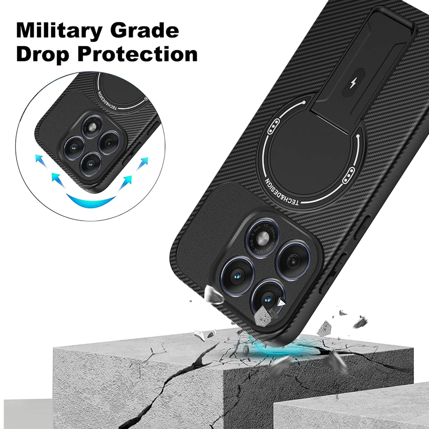 Carbon Fiber Pattern Armor Phone Case For Moto Edge 60 Fusion 50 Pro Cover Magnetic Wireless Chraging Fold Stand Back Fundas