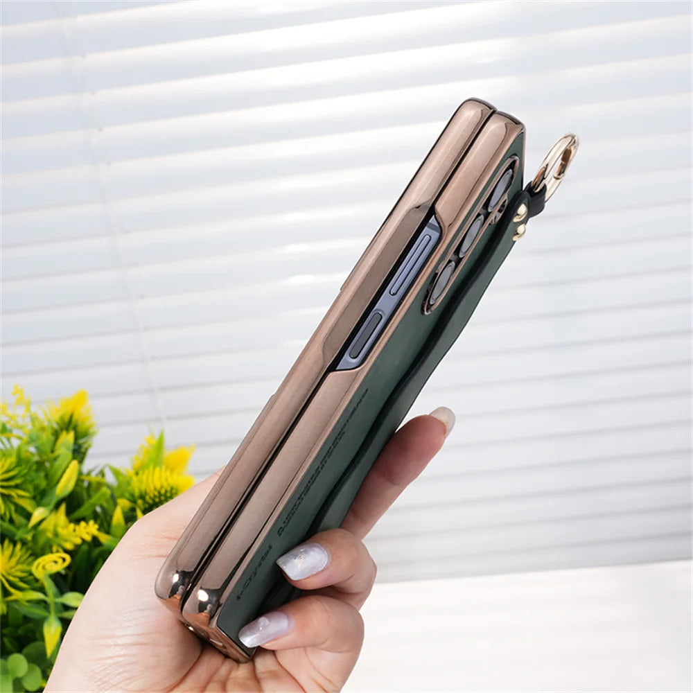 for Z Fold 7 Fashion Wave Wristband Leather Folding Case For Samsung Galaxy Z Fold 3 4 5 6 Zfold6 Fold7 Ring Buckle Holder Cover